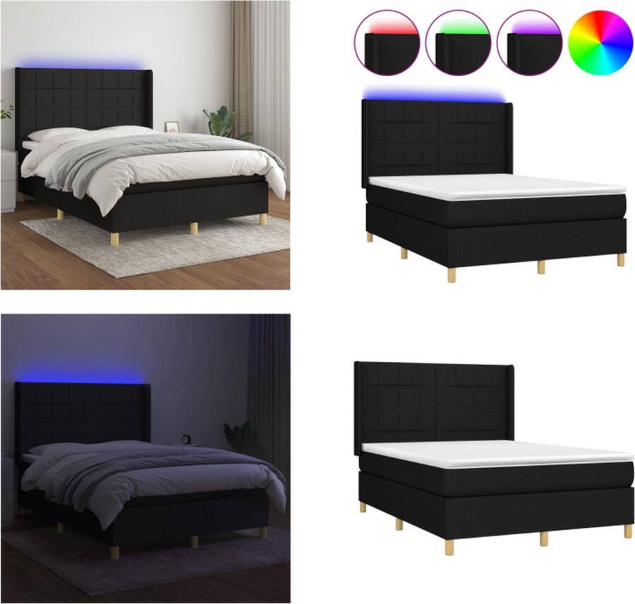 VidaXL Boxspring met matras en LED stof zwart 140x200 cm Boxspring Boxsprings Bed Slaapmeubel