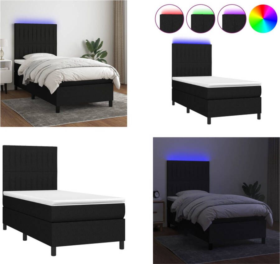 vidaXL Boxspring met matras en LED stof zwart 90x200 cm Boxspring Boxsprings Bed Slaapmeubel