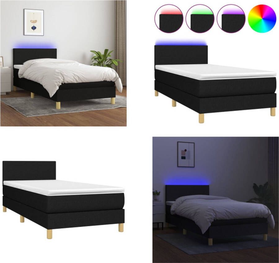 vidaXL Boxspring met matras en LED stof zwart 90x200 cm Boxspring Boxsprings Bed Slaapmeubel