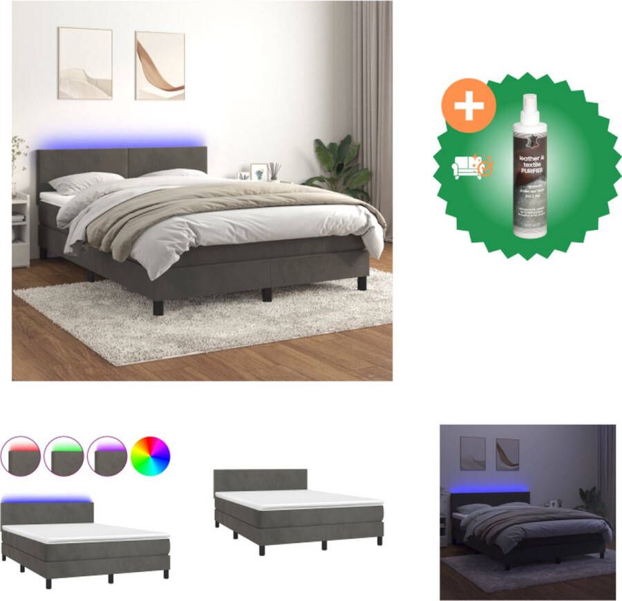 VidaXL Boxspring Pocketvering matras Zacht fluweel Verstelbaar hoofdbord Kleurrijke LED-verlichting Huidvriendelijk topmatras 203x144x78 88 cm donkergrijs Bed Inclusief Reiniger - Foto 2