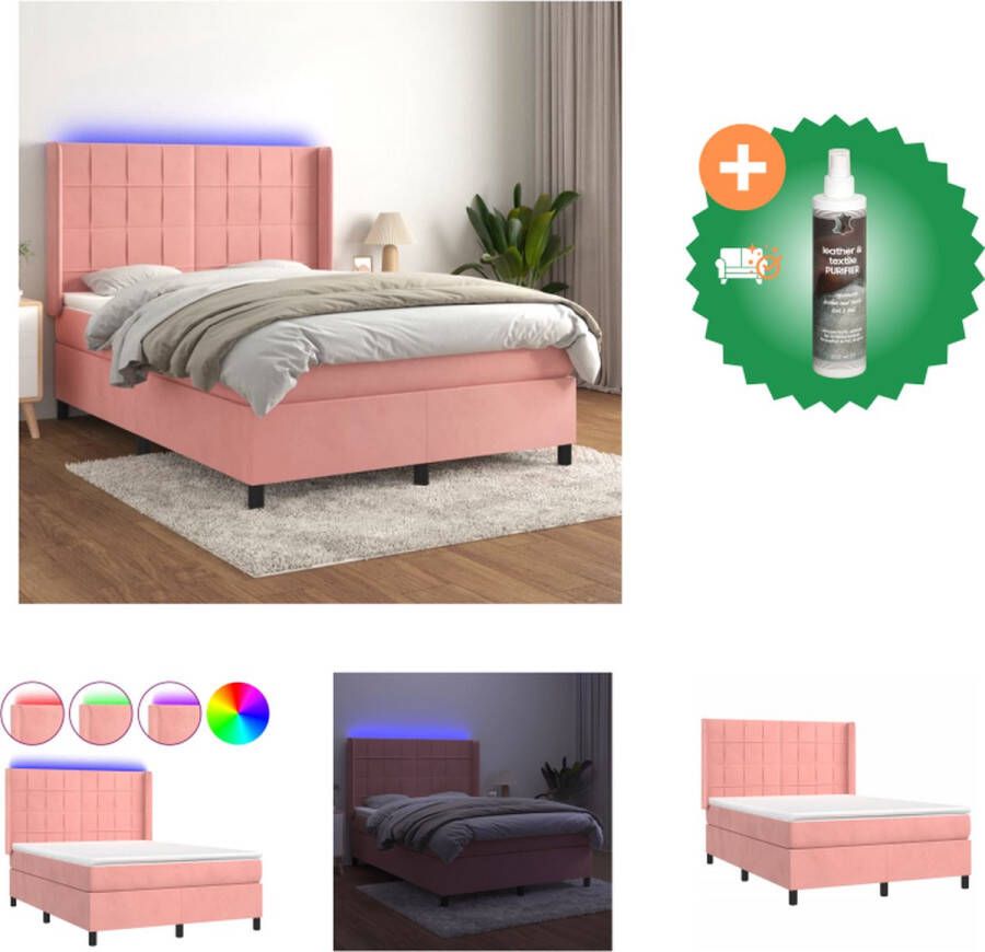 VidaXL Boxspring Roze Fluweel 140x200 Hoofdbord Verstelbaar LED-verlichting Bed Inclusief Reiniger