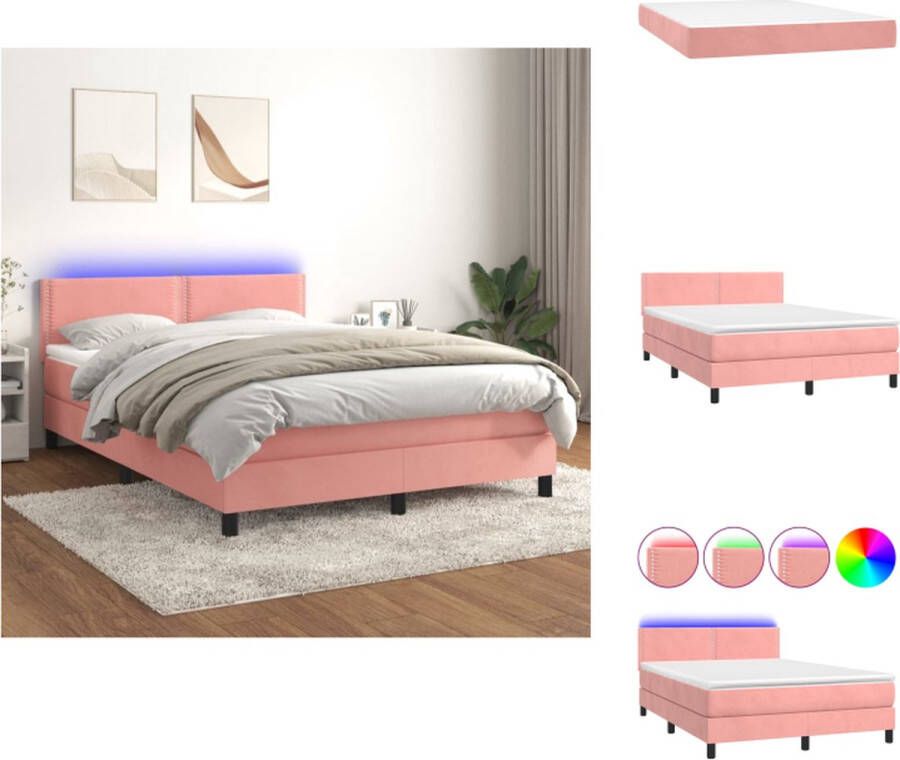 VidaXL Boxspring Zacht fluweel Praktisch hoofdbord Kleurrijke LED-verlichting Pocketvering matras Huidvriendelijk topmatras Roze 203x144x78 88 cm Bed - Foto 3