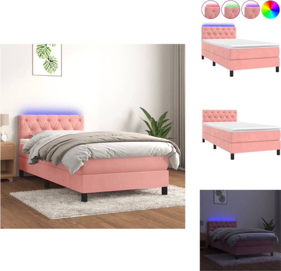 VidaXL Boxspring Roze fluweel bed met LED 203x80x78 88 cm Pocketvering matras 80x200x20 cm Huidvriendelijk topmatras 80x200x5 cm Inclusief LED-strip Bed - Foto 1