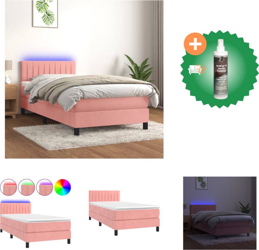 VidaXL Boxspring Roze fluwelen bed 193x90x78 88 cm Inclusief pocketvering matras en LED Bed Inclusief Reiniger