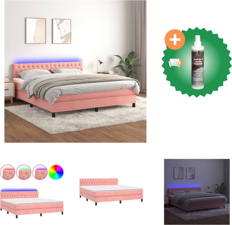 VidaXL Boxspring Roze fluwelen bed 203x160 cm Verstelbaar hoofdbord LED-verlichting Pocketvering matras Huidvriendelijk topmatras Inclusief montagehandleiding Bed Inclusief Reiniger