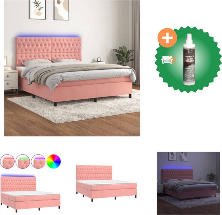 vidaXL Boxspring Roze fluwelen bed met LED-verlichting 160 x 200 cm Pocketvering matras Comfortabel topmatras Inclusief montagehandleiding Bed Inclusief Reiniger