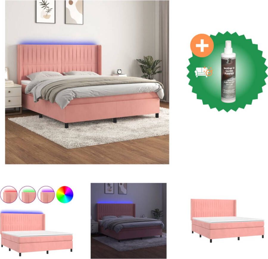 VidaXL Boxspring s Bedframe met Matras en LED Verlichting 203 x 183 x 118 128 cm Fluwelen Materiaal Verstelbaar Hoofdbord Pocketvering Matras Huidvriendelijk Topmatras Kleurrijk USB-aansluiting Bed Inclusief Reiniger