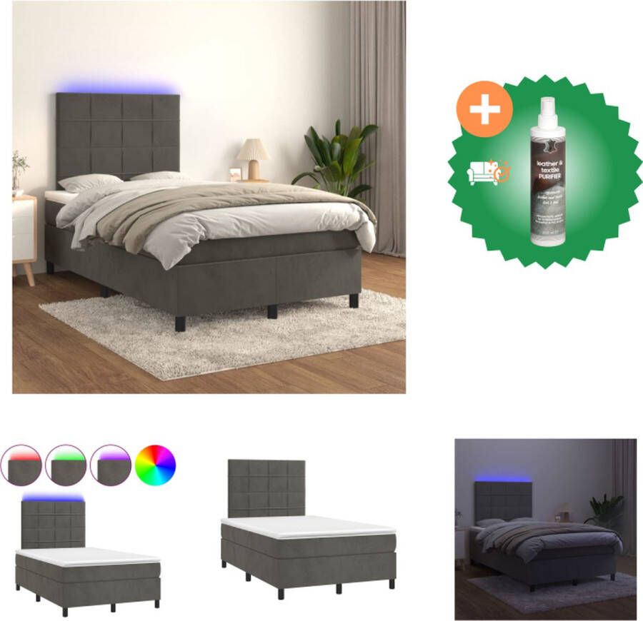 VidaXL Boxspring Set Fluweel LED Pocketvering Topmatras Donkergrijs 203x120x118 128 cm Bed Inclusief Reiniger