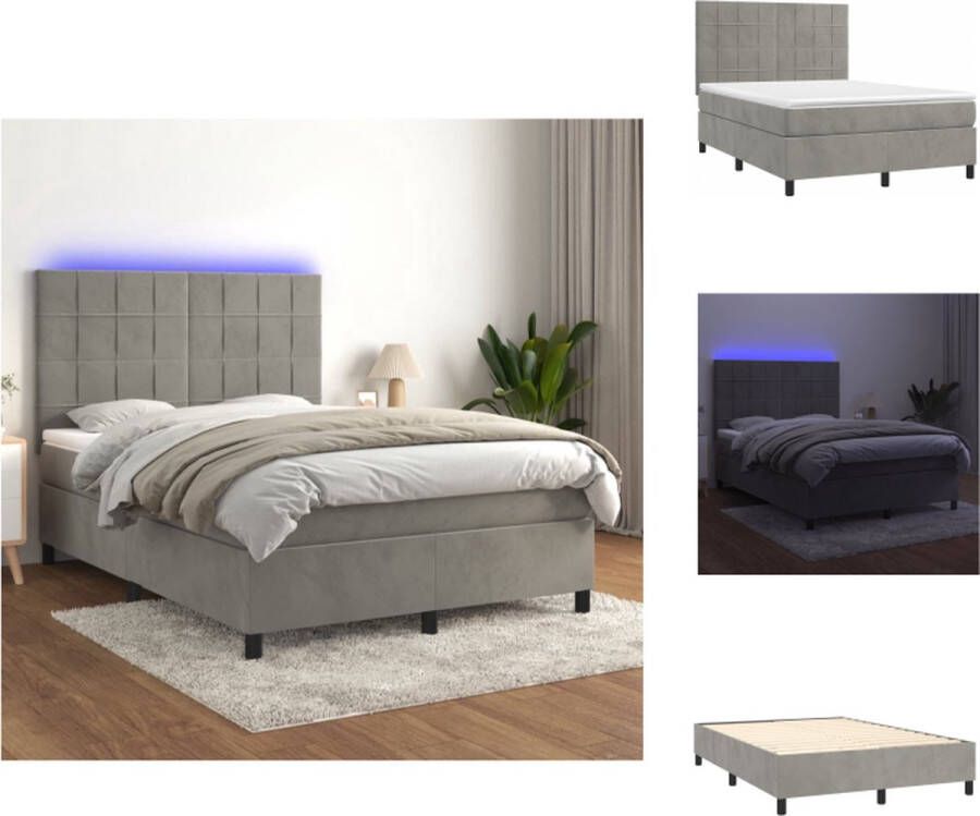 VidaXL Boxspring Luxe fluwelen bed met LED-verlichting Pocketvering matras Huidvriendelijk topmatras Lichtgrijs 203x144x118 128cm Bed