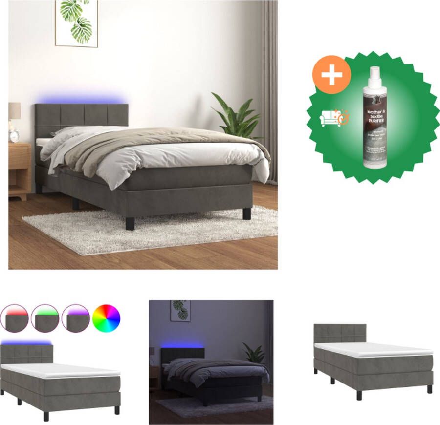 VidaXL Boxspring Velvet donkergrijs 203 x 100 x 78 88 cm met verstelbaar hoofdbord kleurrijke LED-verlichting pocketvering matras en huidvriendelijk topmatras Bed Inclusief Reiniger