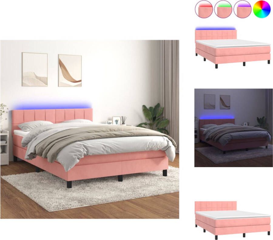 vidaXL Boxspring Zacht fluweel Praktisch hoofdbord Kleurrijke LED-verlichting Pocketvering matras Huidvriendelijk topmatras Roze 203x144x78 88 cm Bed