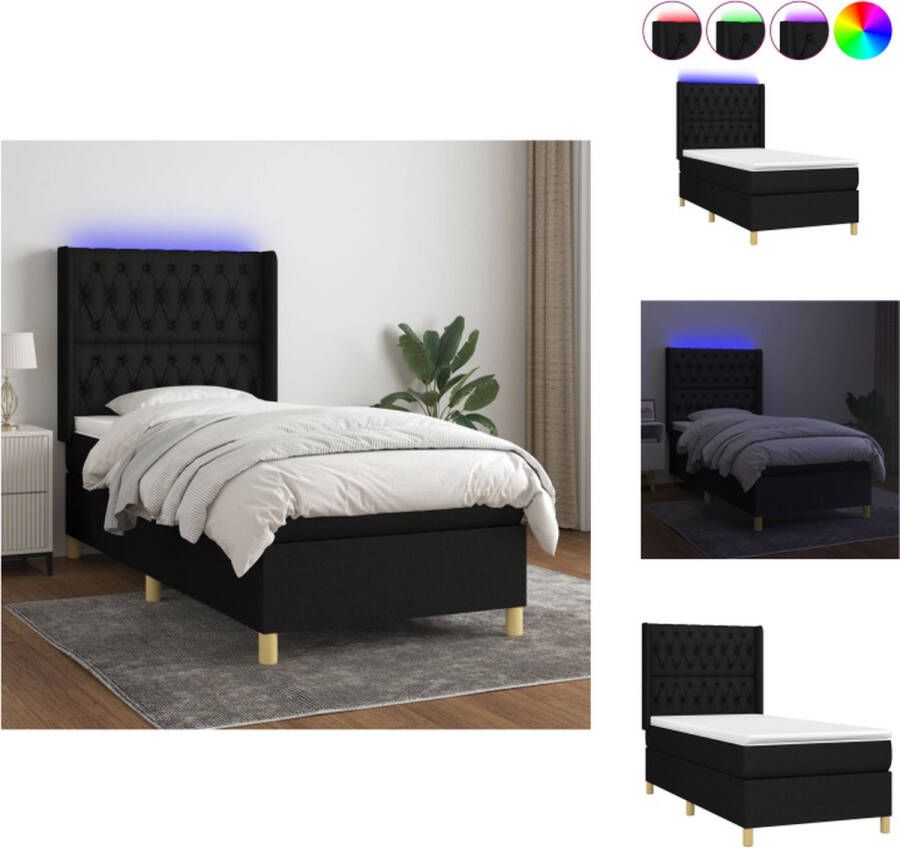 VidaXL Boxspring Zwart 193 x 93 x 118 128 cm Pocketvering matras Huidvriendelijk topmatras Kleurrijke LED-verlichting Bed