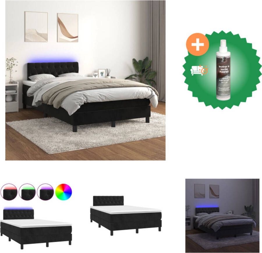VidaXL Boxspring Zwart Fluweel 120x200 cm Verstelbaar hoofdbord LED-verlichting Pocketvering matras Huidvriendelijk topmatras Bed Inclusief Reiniger