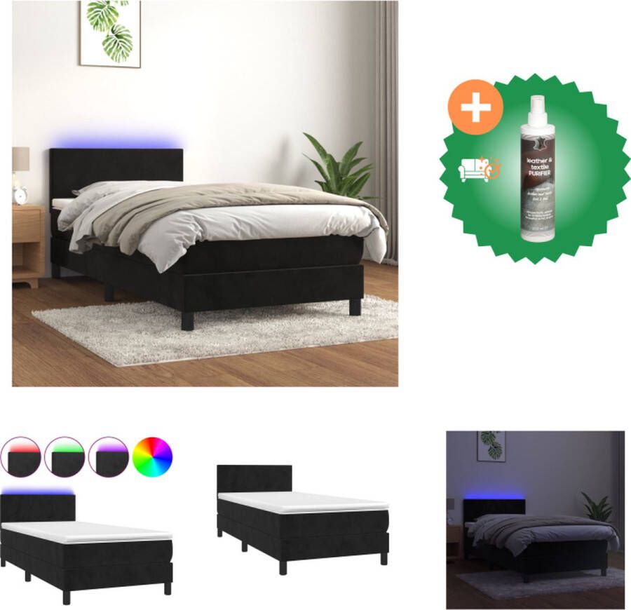 VidaXL Boxspring Zwart fluweel LED-verlichting 203 x 90 x 78 88 cm Pocketvering matras Huidvriendelijk topmatras Bed Inclusief Reiniger - Foto 2
