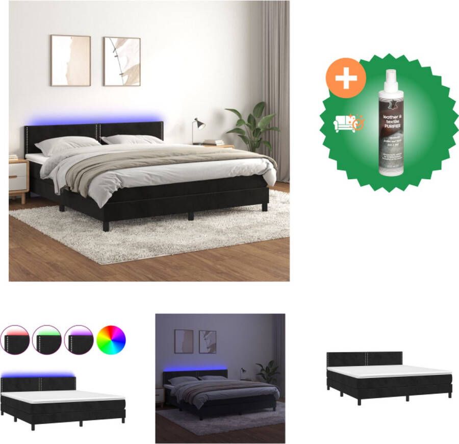 VidaXL Boxspring Zwart fluwelen bed met LED-verlichting Pocketvering matras Huidvriendelijk topmatras Bed Inclusief Reiniger