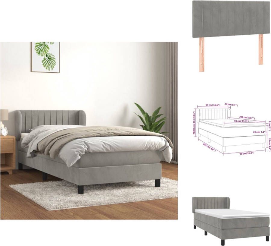 VidaXL Boxspringbed Zacht fluweel Praktisch hoofdbord Pocketvering matras Middelharde ondersteuning Huidvriendelijk topmatras Kleur- lichtgrijs Afmetingen- 203 x 93 x 78 88 cm Bed