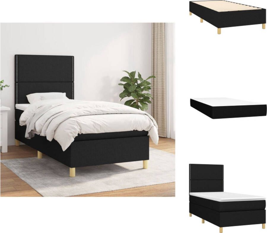 VidaXL Boxspring Bed Zwarte stoffen bekleding 203 x 100 x 118 128 cm Verstelbaar hoofdbord Pocketvering matras Middelharde ondersteuning Huidvriendelijk topmatras Inclusief montagehandleiding Bed - Foto 2