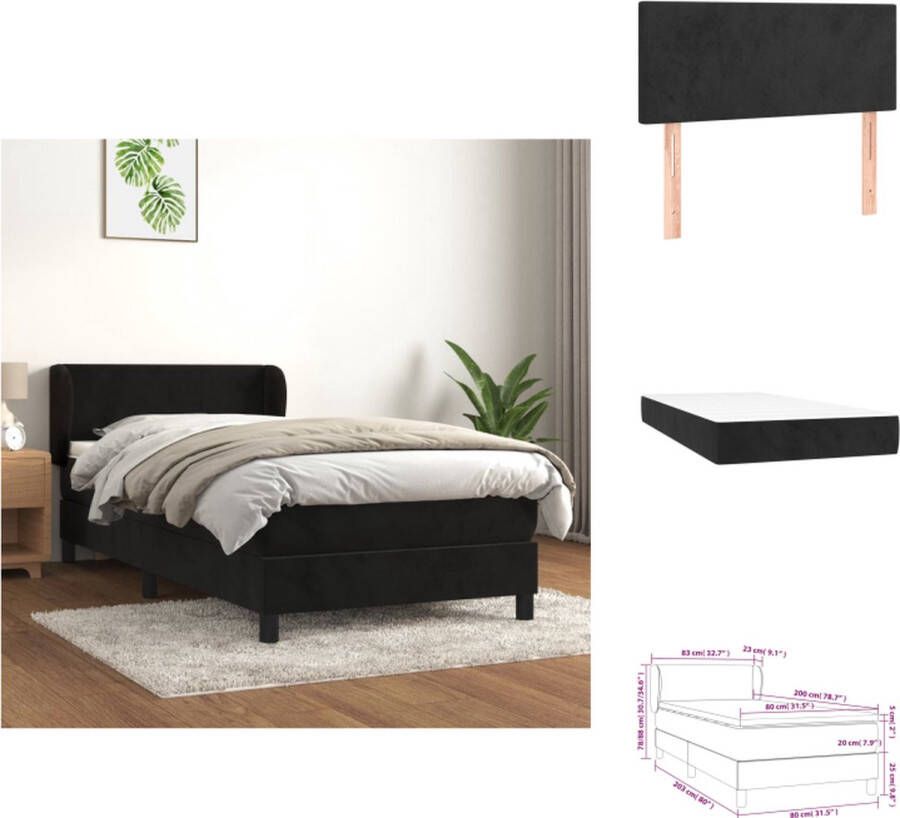 VidaXL Boxspringbed Zacht fluweel 203 x 83 x 78 88 cm Ken- Middelharde ondersteuning Kleur- Zwart Materiaal- Fluweel larikshout multiplex Inbegrepen- Bedframe hoofdbord matras en topmatras Bed