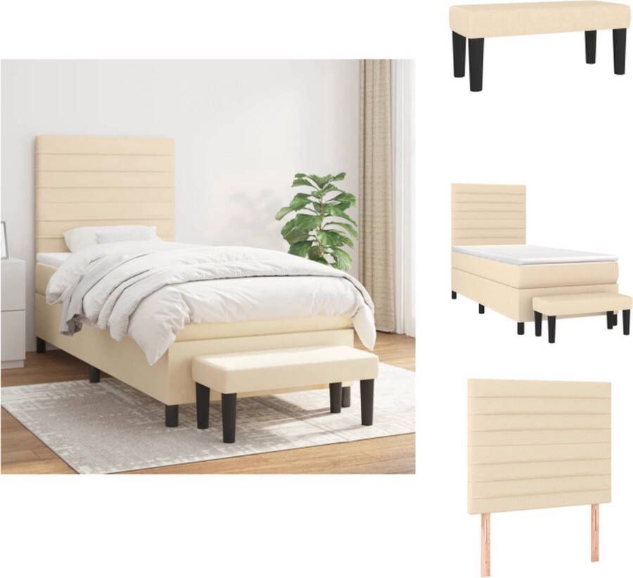 VidaXL Boxspringbed Bed met Pocketvering Matras Middelharde Ondersteuning Inclusief Topmatras en Bankje Crème 193x90x118 128 cm Bed