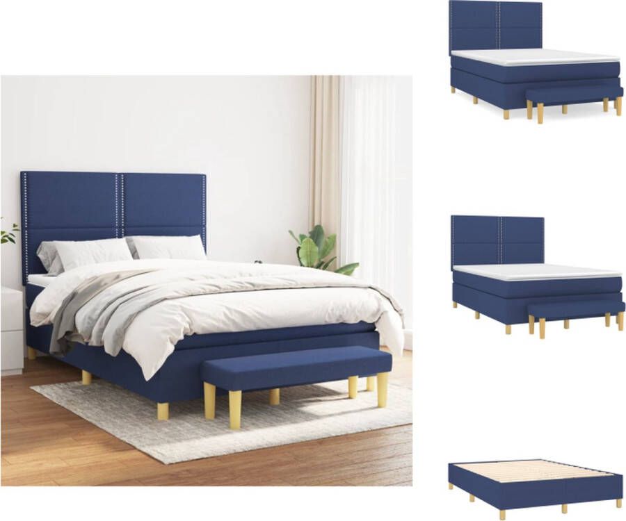 VidaXL Boxspringbed Blauw 193 x 144 x 118 128 cm Pocketvering Matras Middelharde Ondersteuning Huidvriendelijk Topmatras Multifunctioneel Bankje Bed