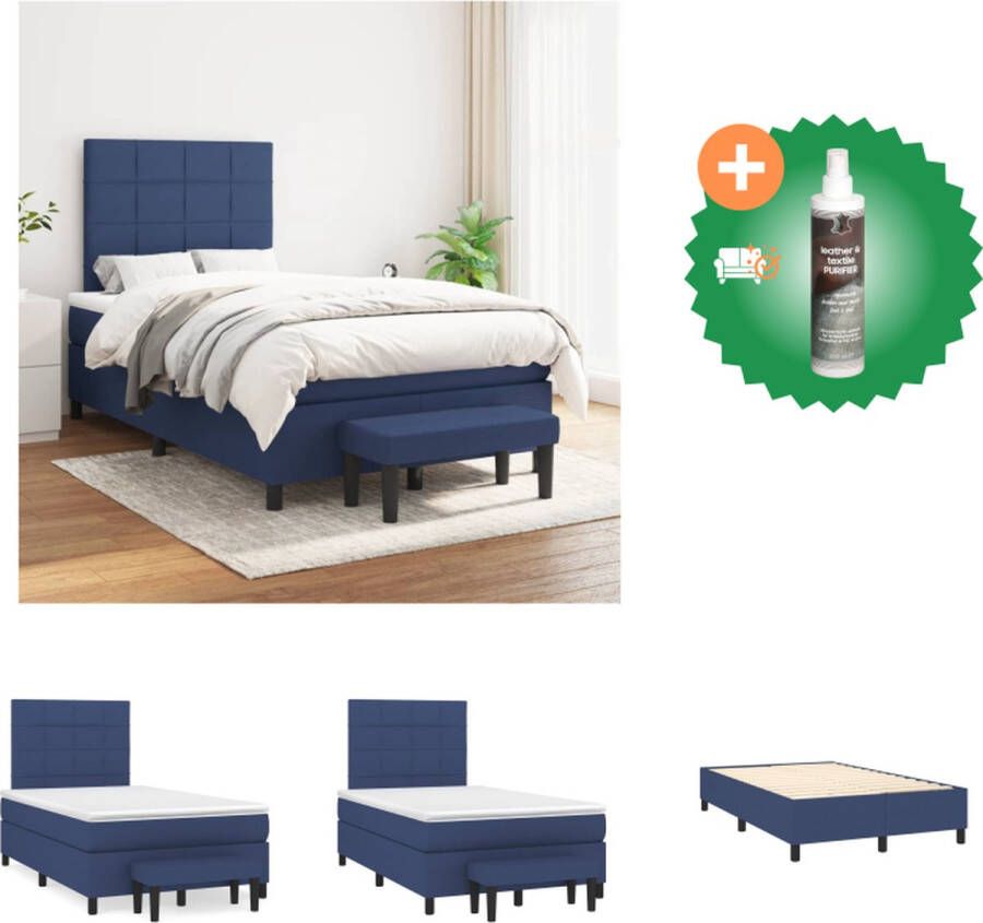 VidaXL Boxspringbed Blauw 203 x 120 x 118 128 cm Pocketvering matras Huidvriendelijk topmatras Verstelbaar hoofdbord Multifunctioneel bankje Bed Inclusief Reiniger