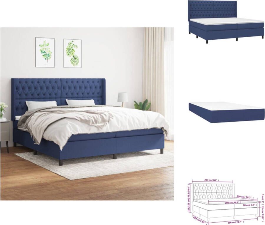 VidaXL Boxspringbed Blauw 203 x 203 x 118 128 cm Pocketvering Matras Middelharde Ondersteuning Huidvriendelijk Topmatras Bed