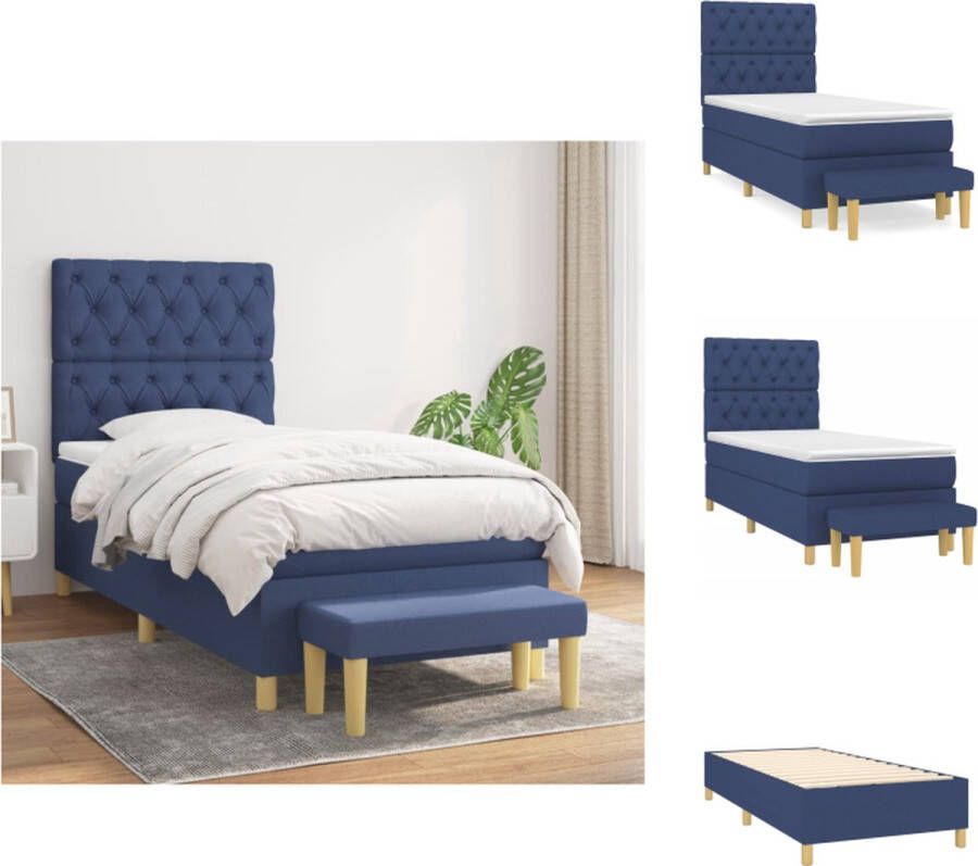 VidaXL Boxspringbed Blauw 203 x 83 x 118 128 cm Pocketvering matras Middelharde ondersteuning Huidvriendelijk topmatras Multifunctioneel bankje Bed
