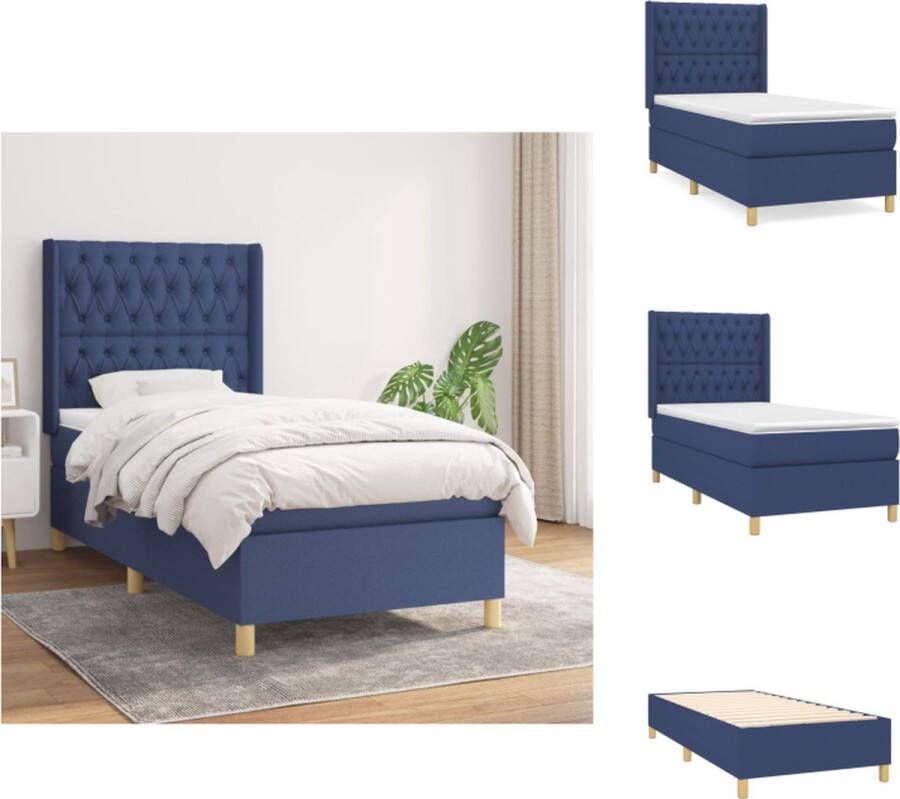 VidaXL Boxspringbed Blauw 203 x 93 x 118 128 cm Pocketvering matras Middelharde ondersteuning Huidvriendelijk topmatras Bed