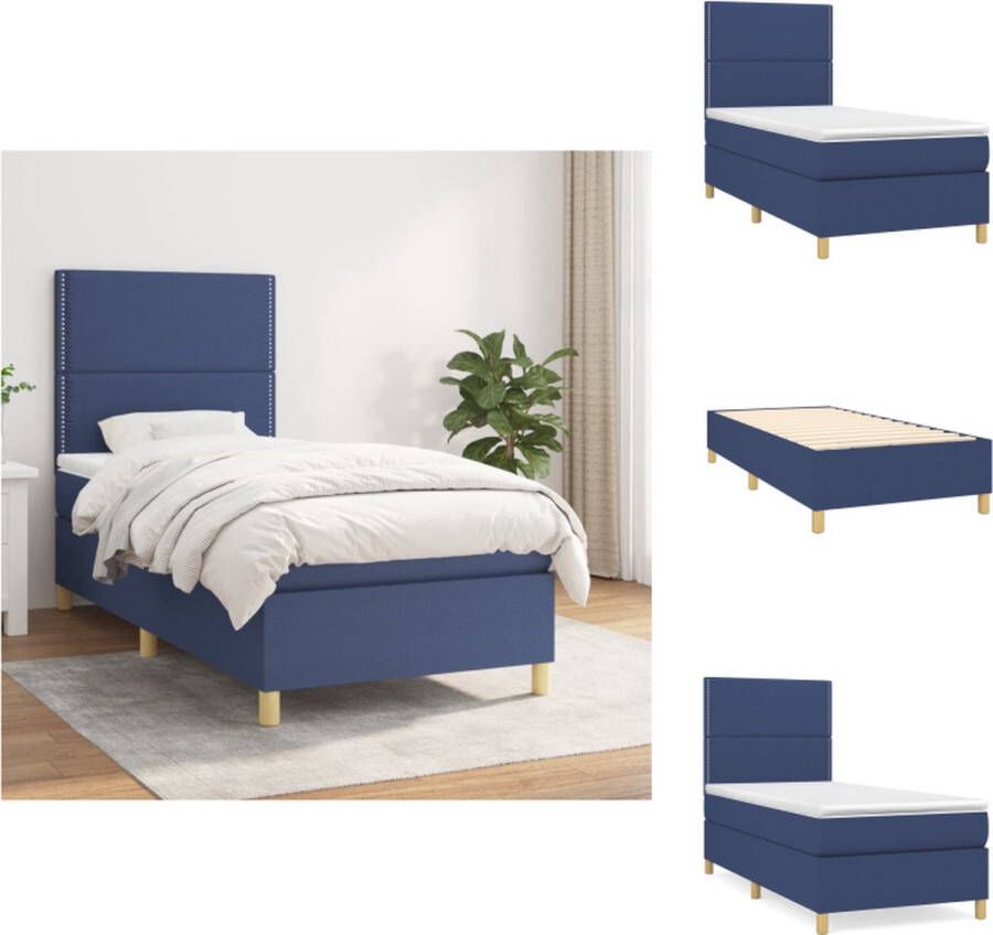 VidaXL Boxspringbed Comfort Bed 203 x 83 x 118 128 cm Blauw Stof Pocketvering matras 80 x 200 x 20 cm Wit en blauw Schuim Topmatras 80 x 200 x 5 cm Wit Levering bevat- bedframe hoofdeind matras topmatras Bed