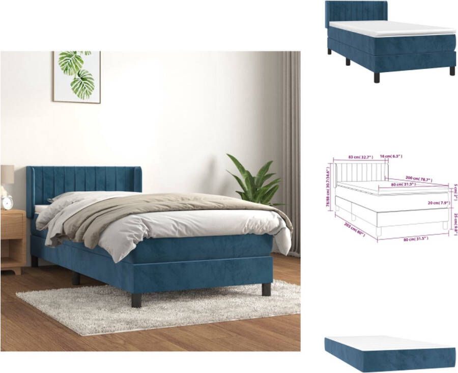 VidaXL Boxspringbed Comfort Bed 203 x 83 x 78 88 cm Donkerblauw fluweel Pocketvering matras Middelharde ondersteuning Huidvriendelijk topmatras Bed