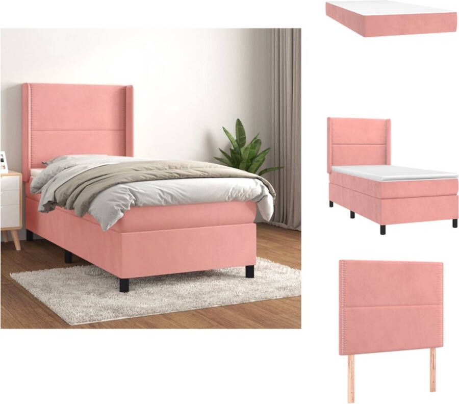 VidaXL Boxspringbed Zacht fluweel Praktisch hoofdbord Pocketvering matras Middelharde ondersteuning Huidvriendelijk topmatras Roze 203x103x118 128 cm Bed - Foto 2