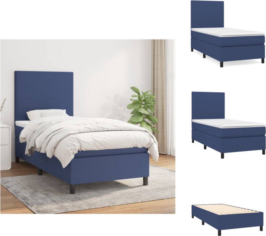 VidaXL Boxspringbed Comfort Bed 203 x 83 x 118 128 cm Blauw Stof Pocketvering matras 80 x 200 x 20 cm Wit en blauw Schuim Topmatras 80 x 200 x 5 cm Wit Levering bevat- bedframe hoofdeind matras topmatras Bed - Foto 3