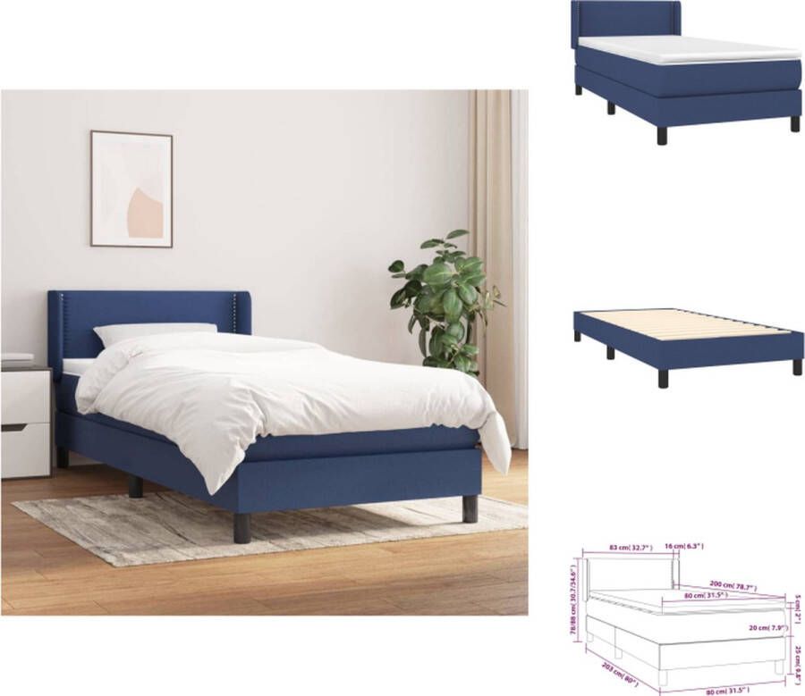 VidaXL Boxspringbed Comfort Bedframe- blauw Afmetingen- 203 x 83 x 78 88 cm Pocketvering matras- wit en blauw Afmetingen- 80 x 200 x 20 cm Bedtopmatras- wit Afmetingen- 80 x 200 x 5 cm Bed