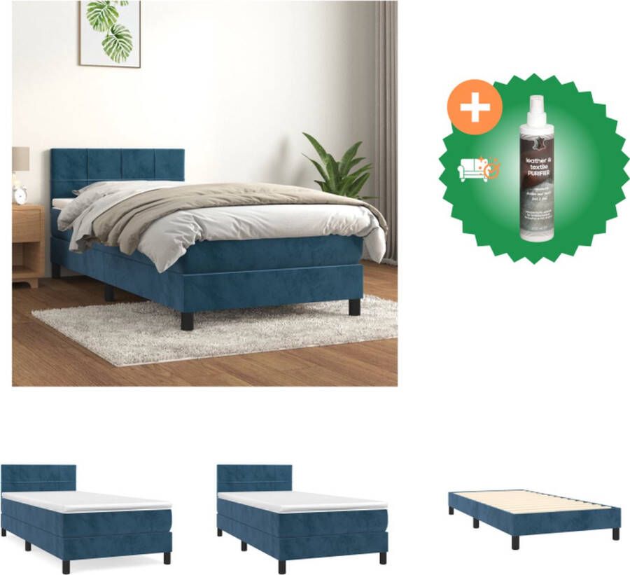 VidaXL Boxspringbed Comfort zacht fluweel Praktisch verstelbaar hoofdbord Pocketvering matras Middelharde ondersteuning Huidvriendelijk topmatras Donkerblauw 203 x 90 x 78 88 cm Bed Inclusief Reiniger - Foto 2