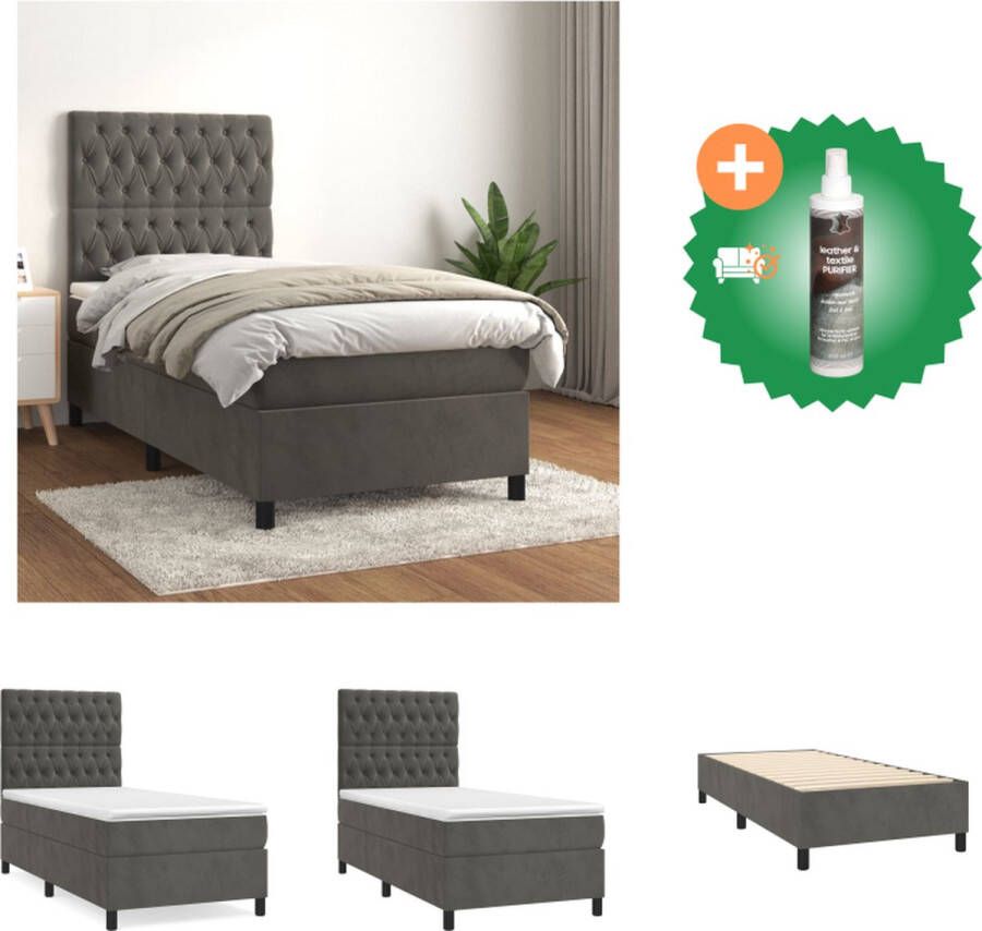 VidaXL Boxspringbed Comfortabele ondersteuning Zacht fluweel Pocketvering matras Middelharde ondersteuning Huidvriendelijk topmatras Donkergrijs Afm 203x90x118 128cm Bed Inclusief Reiniger