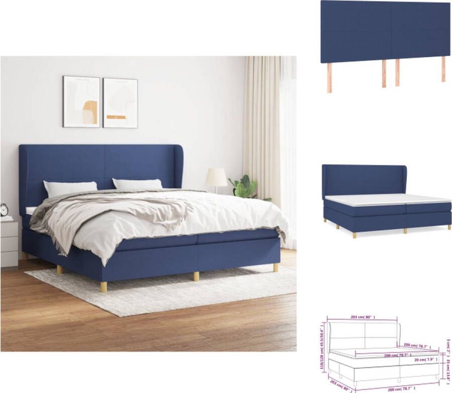 VidaXL Boxspringbed Bedframe met Verstelbaar Hoofdbord en Pocketvering Matras Middelharde Ondersteuning Huidvriendelijk Topmatras Kleur- Blauw Materiaal- Stof en Massief Larikshout Afmetingen- 203 x 203 x 118 128 cm (L x B x H) Bed