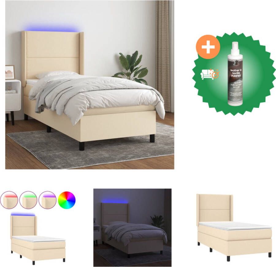 VidaXL Boxspring Crème 193 x 93 x 118 128 cm Verstelbaar hoofdbord Kleurrijke LED-verlichting Pocketvering matras Huidvriendelijk topmatras Inclusief montagehandleiding USB-aansluiting Bed Inclusief Reiniger