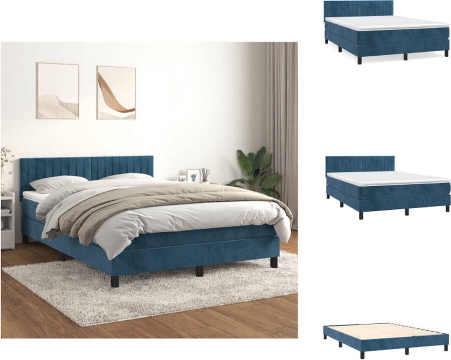 VidaXL Boxspringbed Donkerblauw fluwelen stof Hoofdbord in hoogte verstelbaar Pocketvering matras Middelharde ondersteuning Huidvriendelijk topmatras Afmetingen- 203 x 144 x 78 88 cm (L x B x H) Bed - Foto 2