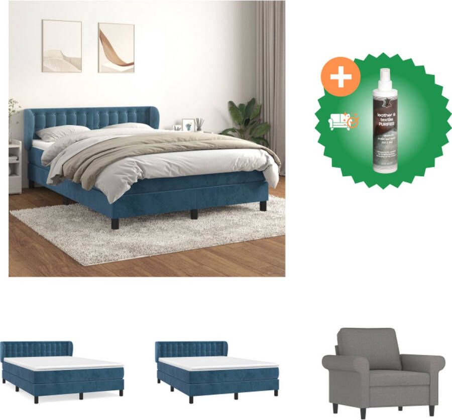 VidaXL Boxspringbed donkerblauw fluweel 140 x 200 x 78 88 cm Pocketvering matras Bed Inclusief Reiniger