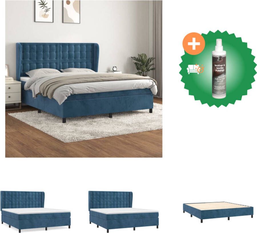 VidaXL Boxspringbed Donkerblauw fluweel 203 x 163 x 118 128 cm Pocketvering matras Middelharde ondersteuning Huidvriendelijk topmatras Bed Inclusief Reiniger