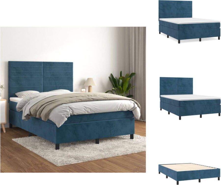 VidaXL Boxspringbed Fluweel Donkerblauw 140 x 190 x 118 128 cm Pocketvering Middelharde ondersteuning Huidvriendelijk Inclusief matras en topmatras Bed - Foto 2
