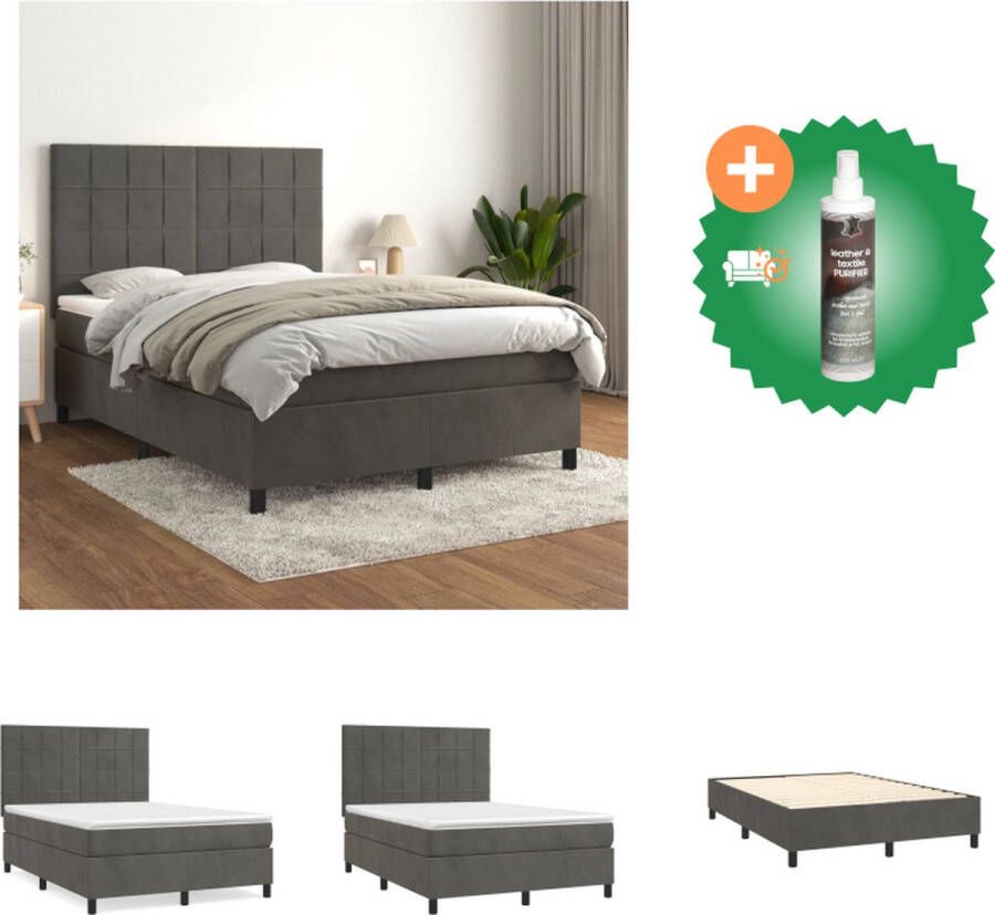 VidaXL Boxspringbed Donkergrijs 193 x 144 x 118 128 cm Fluweel Pocketvering Middelharde ondersteuning Huidvriendelijk Inclusief matras en topmatras Bed Inclusief Reiniger