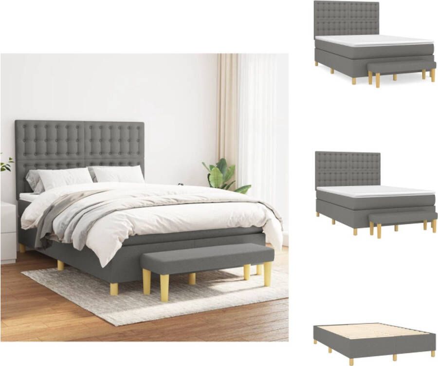 VidaXL Boxspringbed Donkergrijs 193 x 144 x 118 128 cm Pocketvering matras Middelharde ondersteuning Huidvriendelijk topmatras Multifunctioneel bankje Bed