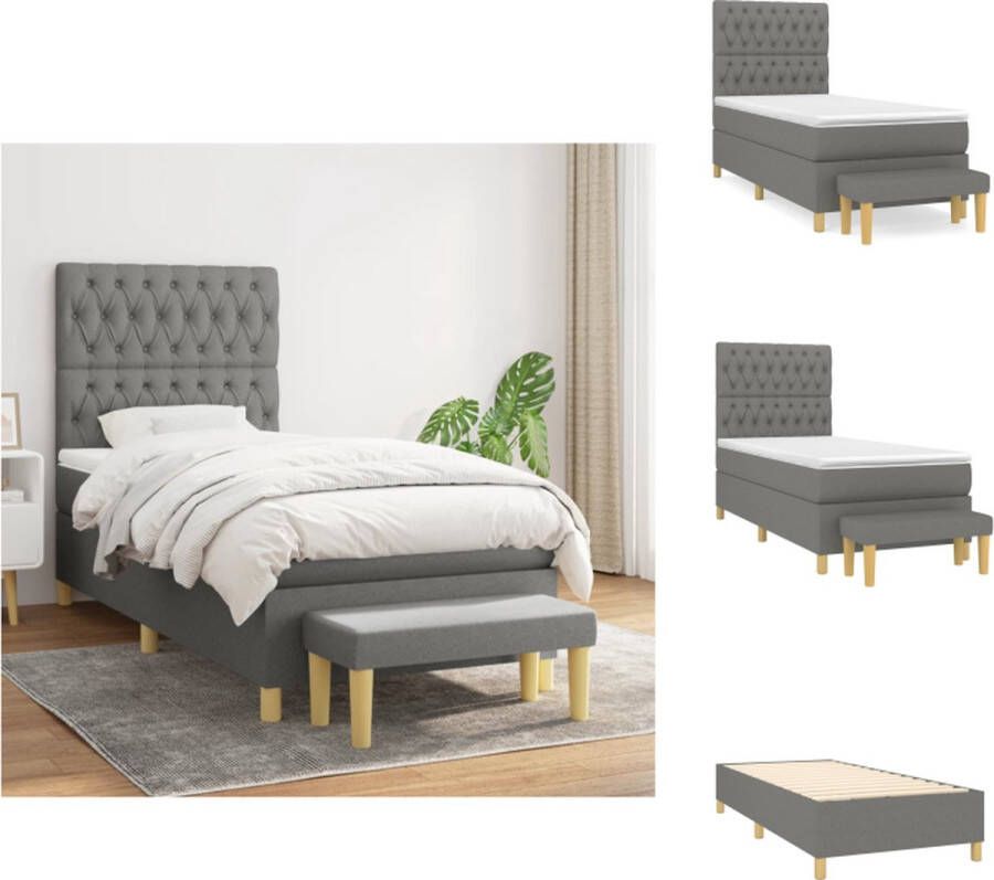 vidaXL boxspringbed donkergrijs 193 x 90 x 118 128 cm Pocketvering matras Middelharde ondersteuning Huidvriendelijk topmatras Multifunctioneel bankje Bed