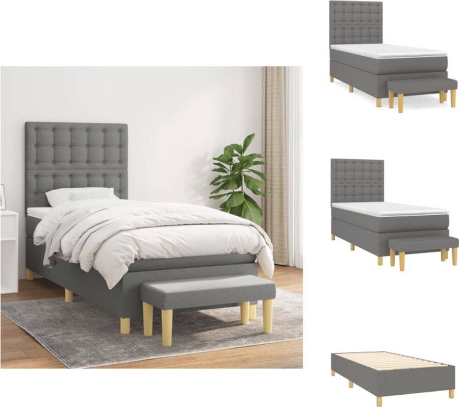 VidaXL Boxspringbed Donkergrijs 203 x 100 x 118 128 cm Pocketvering en comfortabele ondersteuning Inclusief matras topmatras en bankje Bed - Foto 1