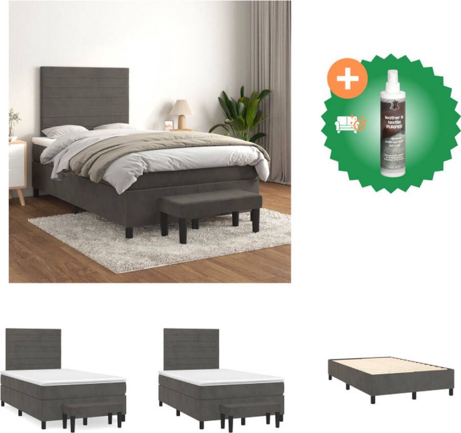 VidaXL Boxspringbed Donkergrijs 203 x 120 x 118 128 cm Fluweel Verstelbaar hoofdbord Pocketvering matras Middelharde ondersteuning Huidvriendelijk topmatras Multifunctioneel bankje Bed Inclusief Reiniger