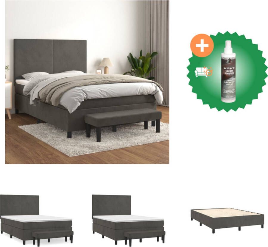VidaXL Boxspringbed donkergrijs 203 x 144 x 118 128 cm fluweel verstelbaar hoofdbord pocketvering matras middelharde ondersteuning huidvriendelijk topmatras multifunctioneel bankje Bed Inclusief Reiniger