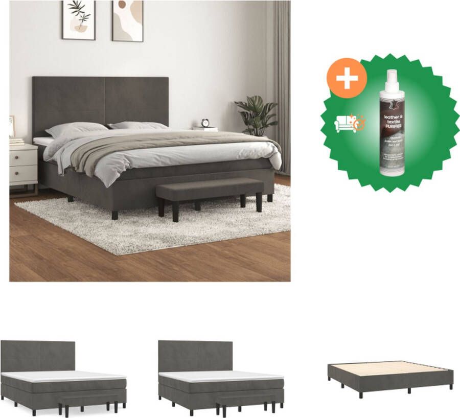 VidaXL Boxspringbed Donkergrijs 203 x 160 x 118 128 cm Fluweel Verstelbaar hoofdbord Pocketvering Middelharde ondersteuning Huidvriendelijk topmatras Multifunctioneel bankje Bed Inclusief Reiniger
