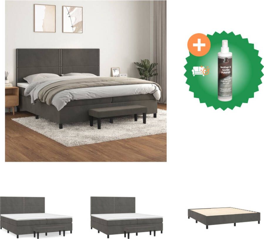 VidaXL Boxspringbed Donkergrijs 203 x 200 x 118 128 cm Zacht fluweel Praktisch hoofdbord Pocketvering matras Middelharde ondersteuning Huidvriendelijk topmatras Multifunctioneel bankje Bed Inclusief Reiniger