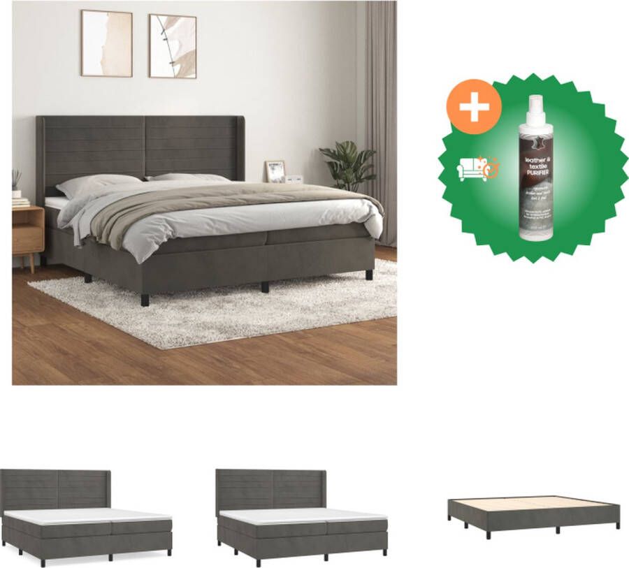 VidaXL Boxspringbed Donkergrijs Fluweel 203x203x118 128 cm Pocketvering matras Middelharde ondersteuning Huidvriendelijk topmatras Bed Inclusief Reiniger